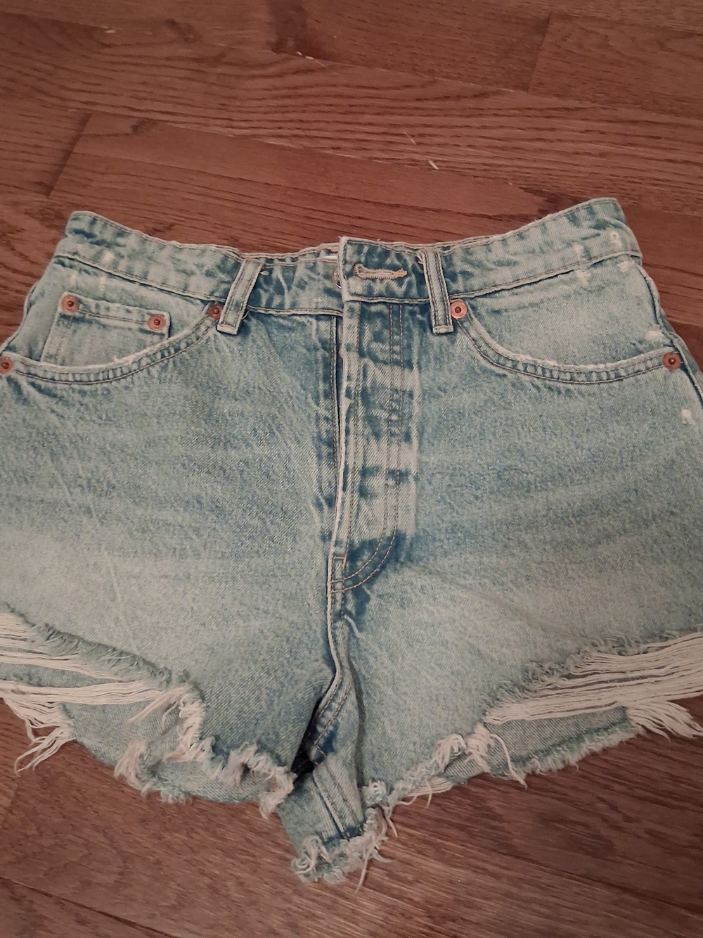 Zara High Waisted Distressed Denim Shorts Light Wash Button Fly Size 6